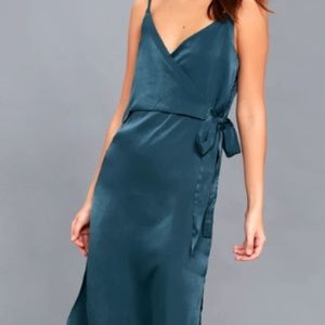 Lulu's Teal Blue Satin Midi Wrap Dress